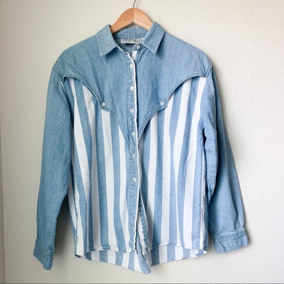 Vintage Jackets & Blazers - Vintage Beachy Western Denim Shacket | striped bottom, chambray, button up